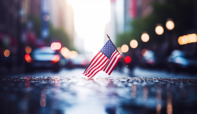 Pequeña bandera de Estados Unidos con una pieza rectangular faltante Símbolo estadounidense al aire libre en un fondo borroso IA generativa