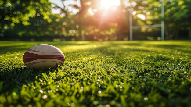 Pequena bola em um campo de rugby de grama com sombra em um dia de verão à luz do sol