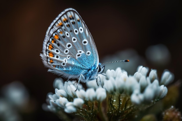 Pequena borboleta azul em close-up em flores brancas molhadas fundo borrado gerado ai