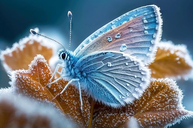 Pequena borboleta azul linda capturada no inverno na folha generativa ai