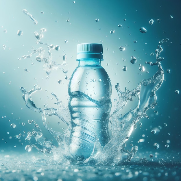 Pequeña botella de agua de plástico con fondo azul de salpicaduras de agua