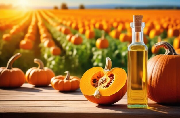 una pequeña botella de vidrio transparente de aceite esencial de semilla de calabaza en una mesa de madera calabaza madura solución medicinal ecológica calabaza campo en el fondo día soleado