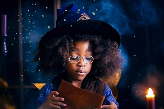Foto pequeña bruja afroamericana con vela hace un hechizo usando el concepto de libro mágico de halloween