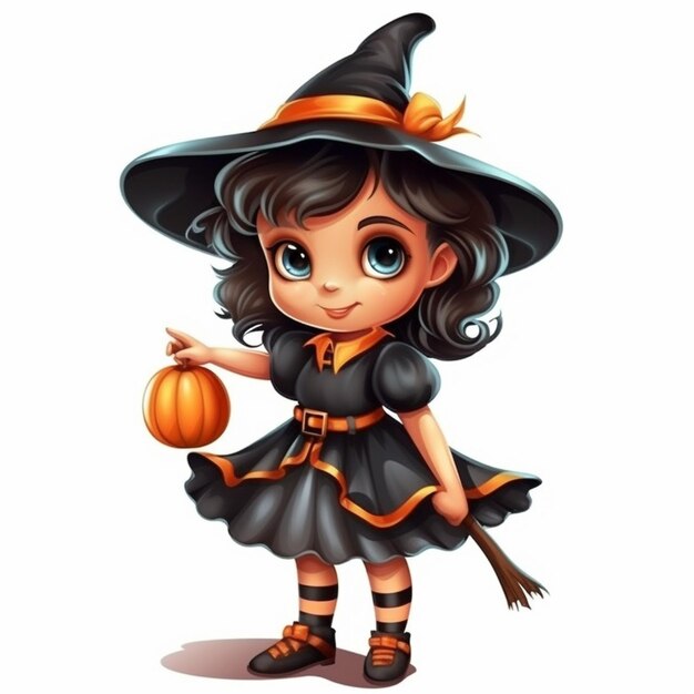 Foto pequeña bruja de dibujos animados con calabaza y sombrero generativo ai