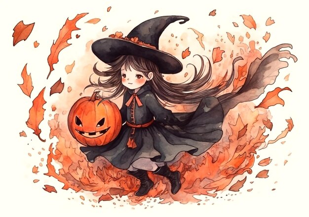 Pequena bruxa bonita com abóbora em fundo de outono Ilustração de aquarela de personagem de Halloween