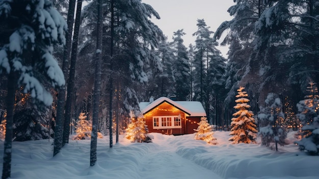 Pequeña cabaña en el bosque nevado Un tranquilo refugio de invierno en medio de la belleza de la naturaleza