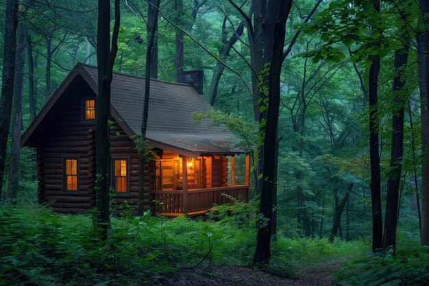 Foto pequena cabana cercada por árvores na floresta