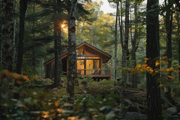 pequena cabana cercada por árvores na floresta