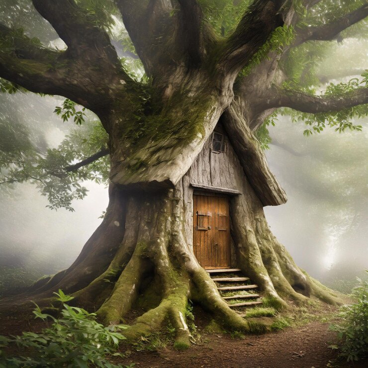 Pequeña cabaña de luciérnaga construida en el tronco de un árbol antiguo