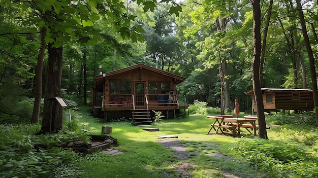 Pequeña cabaña de madera enclavada en un bosque verde exuberante La cabaña tiene una gran cubierta con una mesa de picnic y sillas adirondack