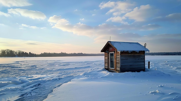 Una pequeña cabaña de madera se encuentra en un lago congelado la cabaña está rodeada de nieve y hielo el cielo es azul y hay algunas nubes en la distancia