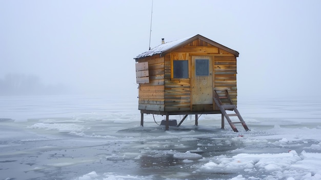 Una pequeña cabaña de pesca de madera se encuentra en un lago congelado la cabaña está rodeada de nieve y hielo el agua está cubierta de trozos de hielo