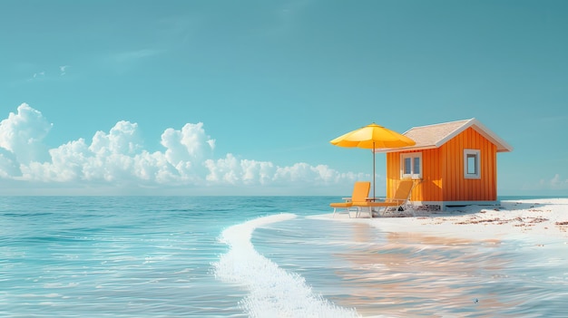 Una pequeña cabaña en una playa de arena blanca La playa está rodeada de agua azul cristalino