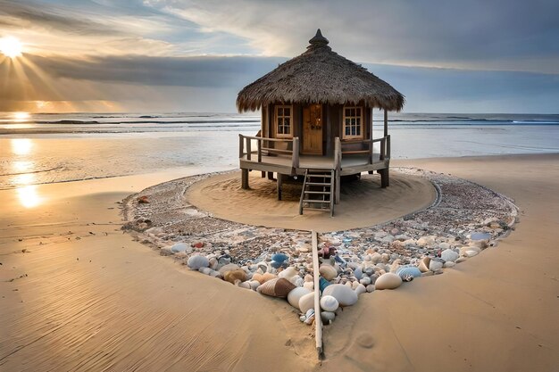 Una pequeña cabaña en una playa con una cabaña de playa en el fondo