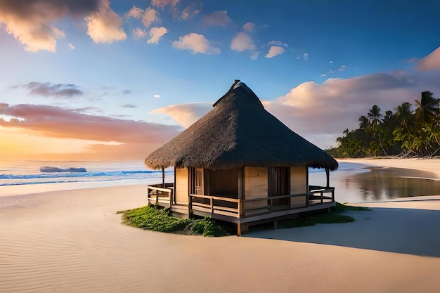 Una pequeña cabaña en una playa con techo de paja