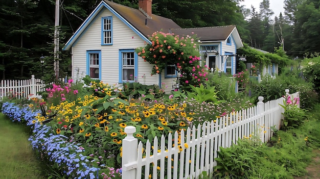 Pequeña cabaña con valla blanca y jardín lleno de flores de colores