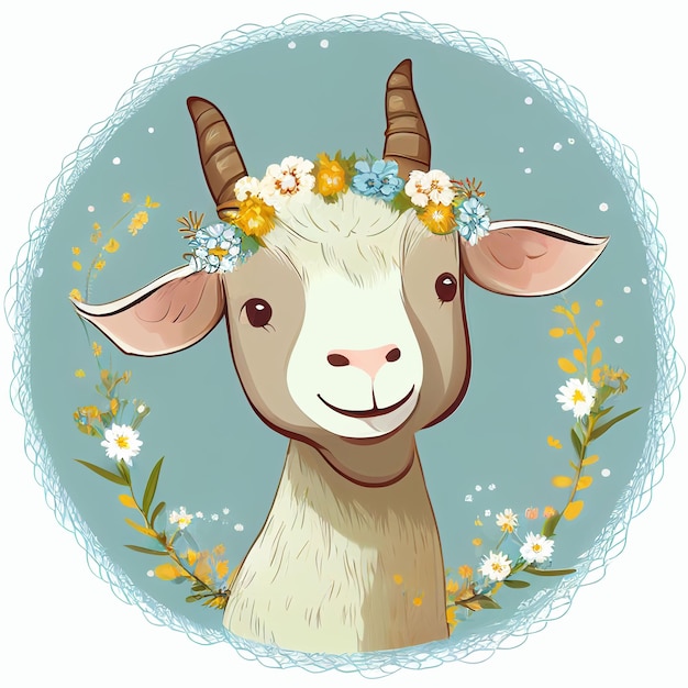 Foto pequeña cabra divertida con flor granja rústica doméstica ilustración vintage