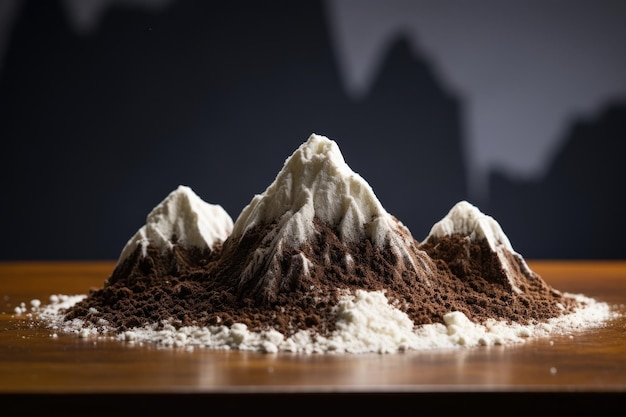 Una pequeña cadena montañosa de terrenos de café con picos nevados de bicarbonato de sodio