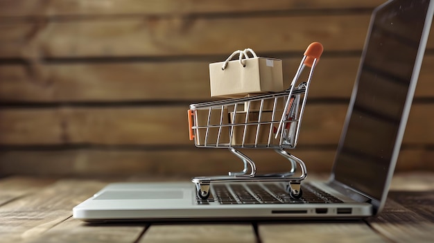 Pequeña caja de cartón con carrito de compras de pie frente al portátil concepto de compras en línea