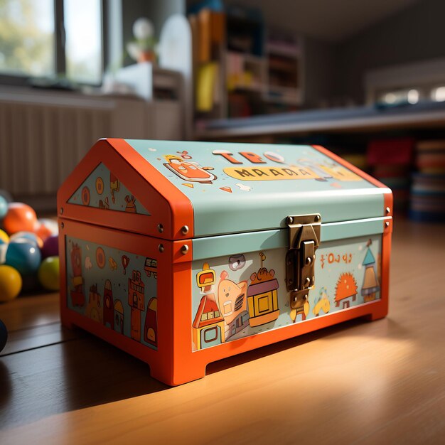 una pequeña caja naranja con un dibujo de una casa.