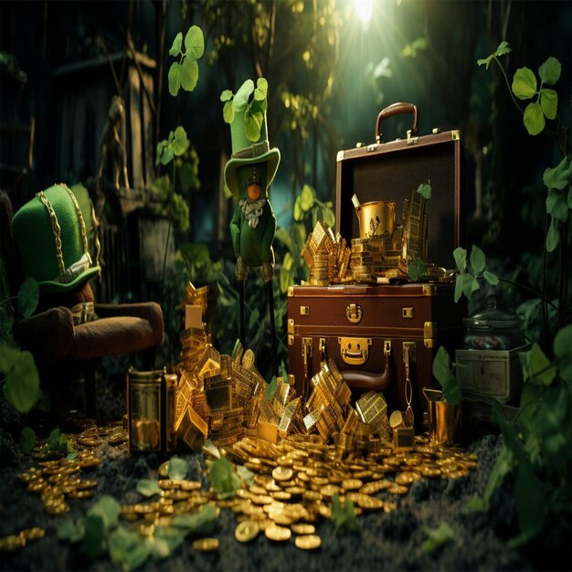 Foto una pequeña caja de oro con una moneda de oro en ella y un fondo de hojas verdes