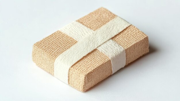 Una pequeña caja de regalo rectangular de lienzo beige atada con una simple cinta blanca