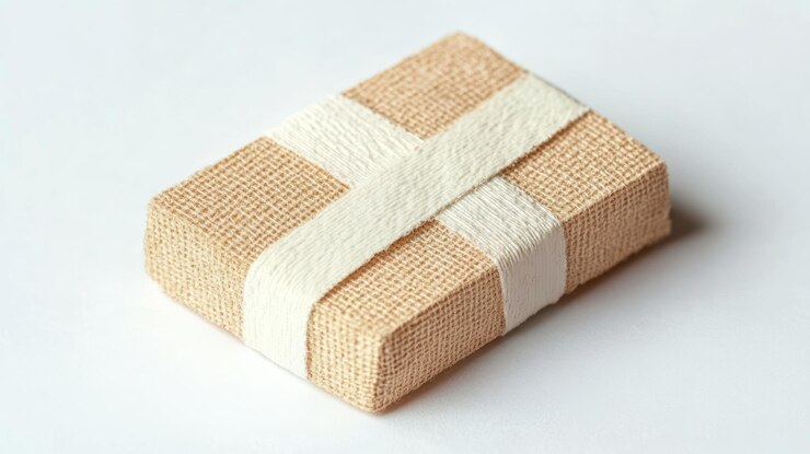 Una pequeña caja de regalo rectangular de lienzo beige atada con una simple cinta blanca