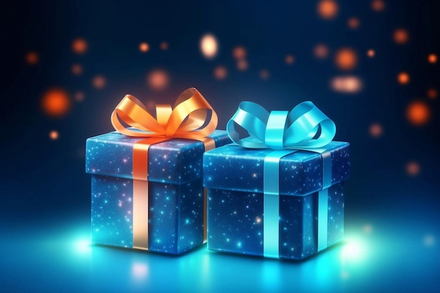 Pequeña caja de regalos de lujo con un lazo azul en una mesa azul oscuro vista lateral monocromática regalo para el día del padre o el día de San Valentín concepto de regalo corporativo o fiesta de cumpleaños venta festiva IA generativa