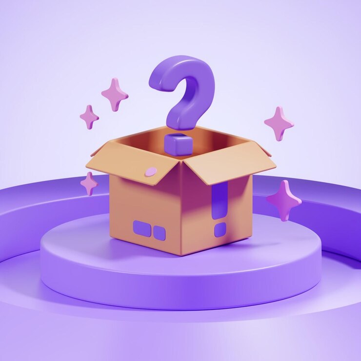 una pequeña caja con un signo de pregunta en ella está en una plataforma redonda