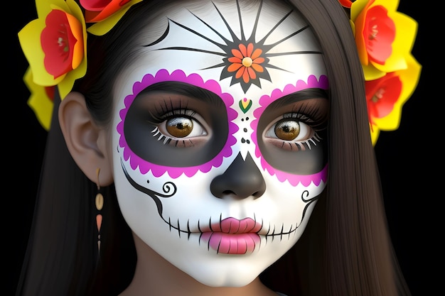 Pequeña Calaca hermosa chica mexicana linda en el Día de los Muertos maquillaje y disfraz IA Ilustración generativa