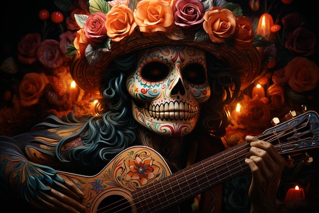 pequeña calavera de azúcar realista tocando la guitarra en la noche