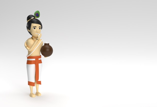 Pequeña caricatura de Krishna con una olla de mantequilla. Ilustración de render 3D.