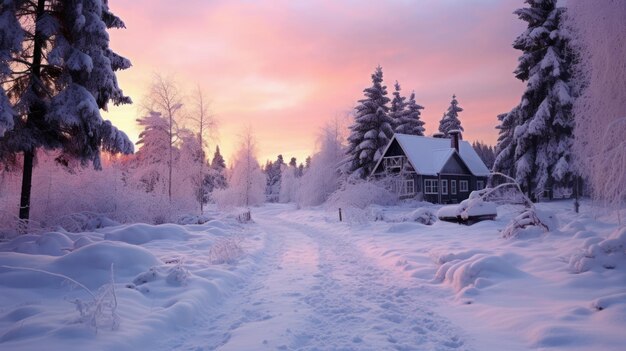 Una pequeña casa acogedora en un pueblo en la lejanía rodeada por un paisaje cubierto de nieve de bea