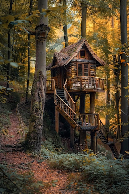 Foto pequeña casa en el árbol construida en el tronco del árbol