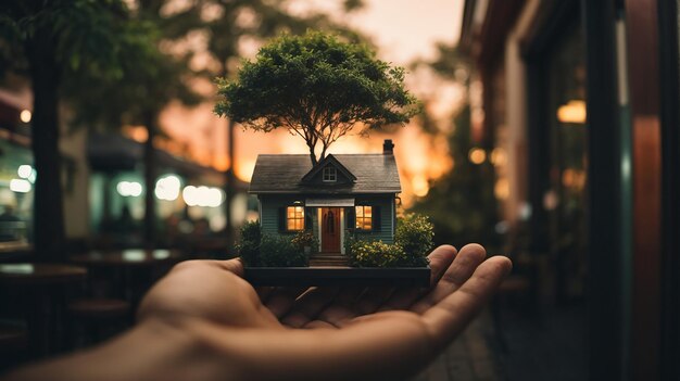 Una pequeña casa con un árbol creciendo en la mano