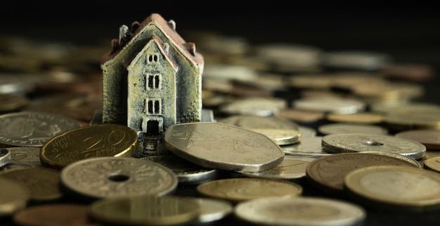 Una pequeña casa se asienta sobre un montón de monedas con la palabra euro.