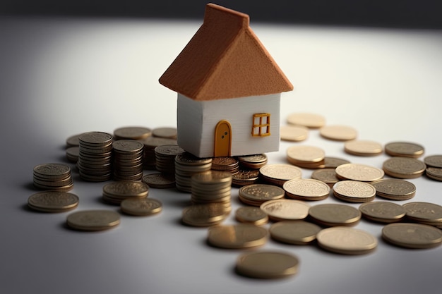 Una pequeña casa se asienta sobre un montón de monedas.