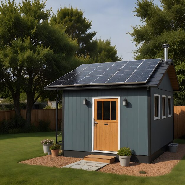 Foto una pequeña casa azul con paneles solares instalados en el techo