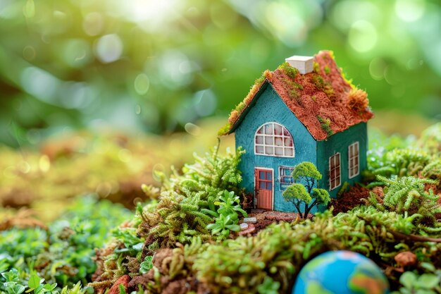 Pequeña casa azul en un terreno cubierto de musgo