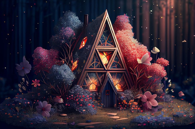 Pequeña casa brillante de cuento de hadas triangular en bosque mágico IA generativa