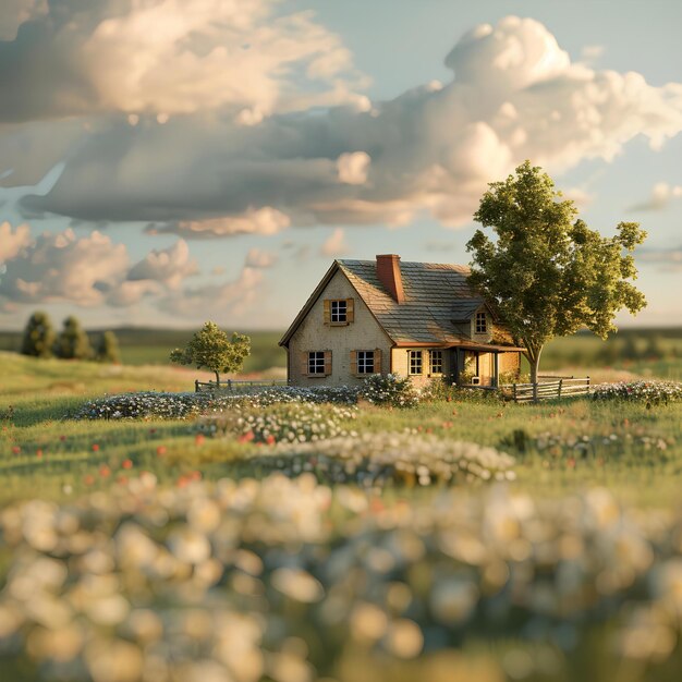 Foto una pequeña casa en un campo de flores