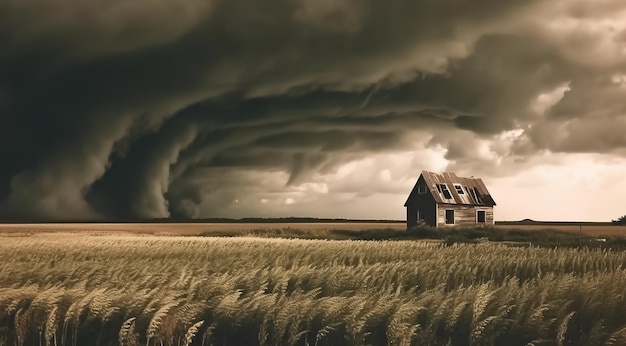 Una pequeña casa en un campo con un gran tornado acercándose Generado ai