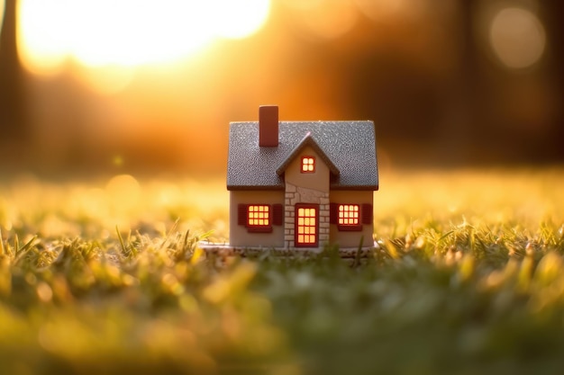 Una pequeña casa en un campo con el sol brillando sobre ella.