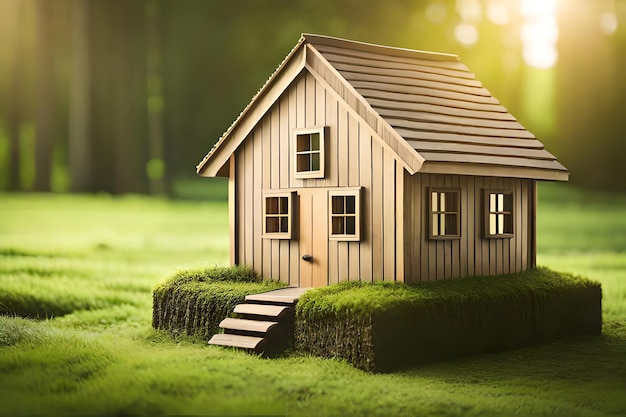 Una pequeña casa con un campo verde al fondo.