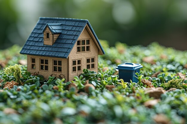 Pequeña casa en un campo verde y exuberante