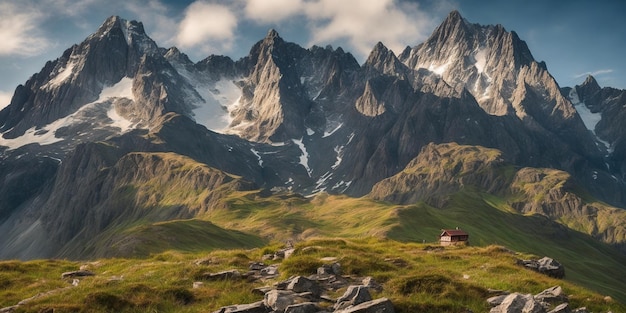 Una pequeña casa en un campo verde con montañas al fondo.