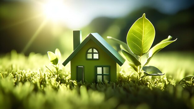 Foto una pequeña casa en el césped con una hoja verde