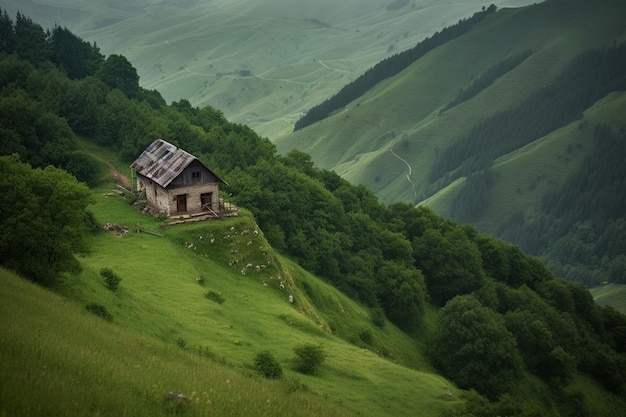 Pequeña casa construida en una tranquila colina verde en lo alto de las montañas