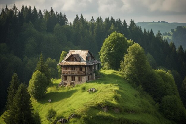 Pequeña casa construida en una tranquila colina verde en lo alto de las montañas