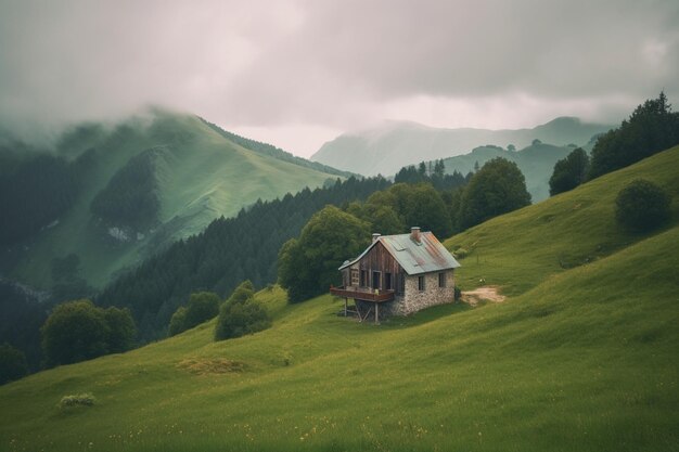 Pequeña casa construida en una tranquila colina verde en lo alto de las montañas